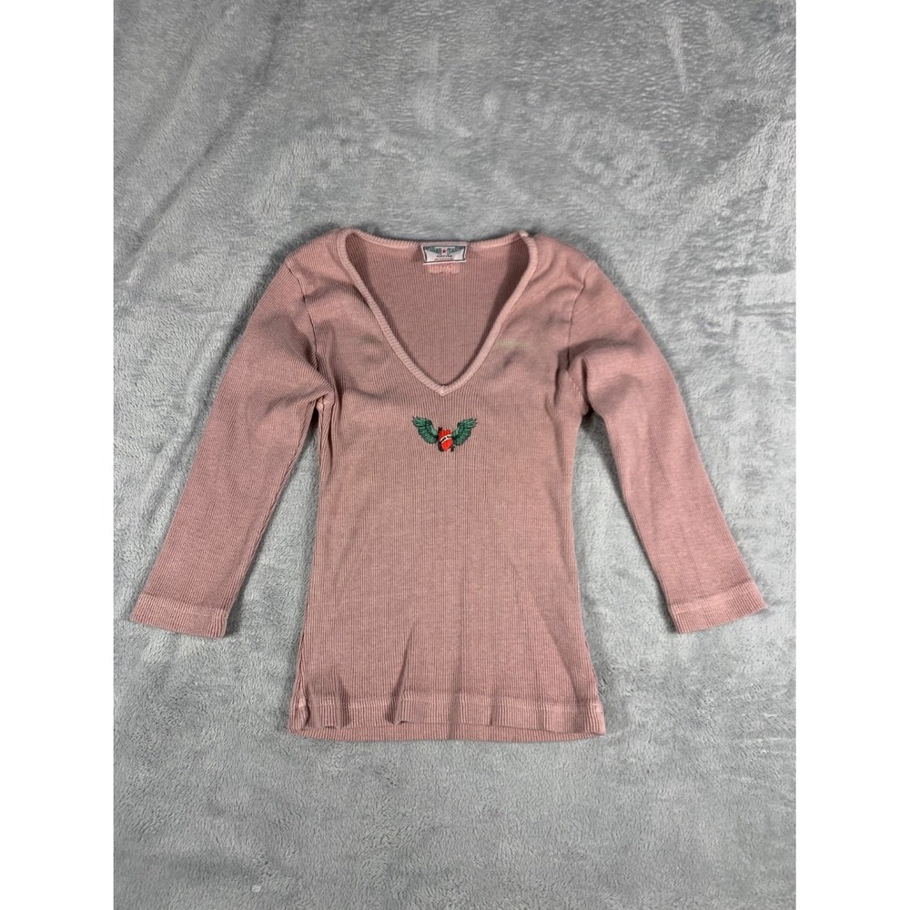 Vtg Hard Tail Ribbed Top Womens OS Pink V-Neck 3/4 Sleeve